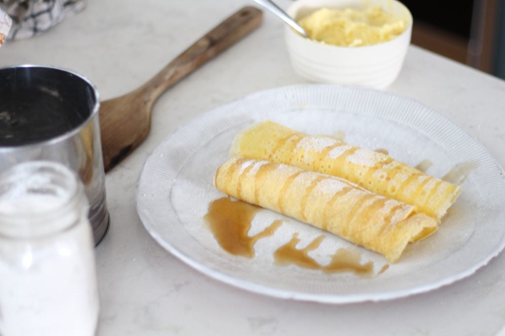 sourdough crepes with creme filling and maple syrup