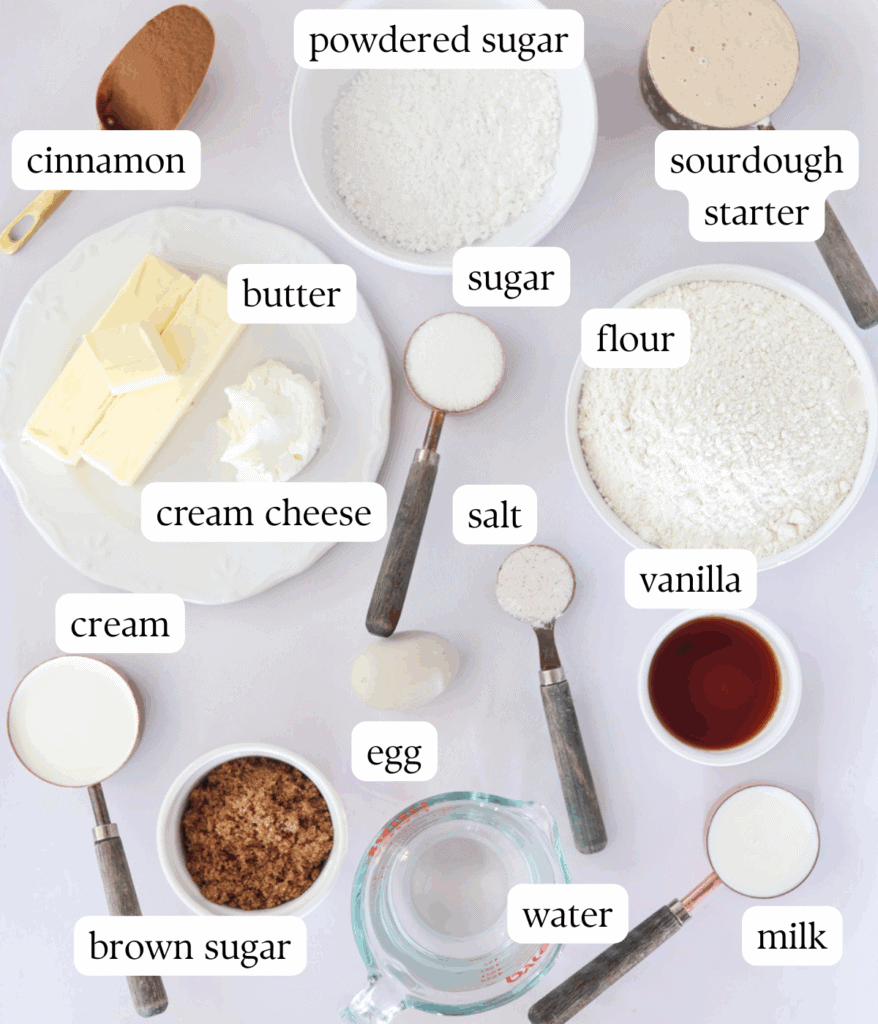 labeled ingredients for making long fermented sourdough cinnamon rolls