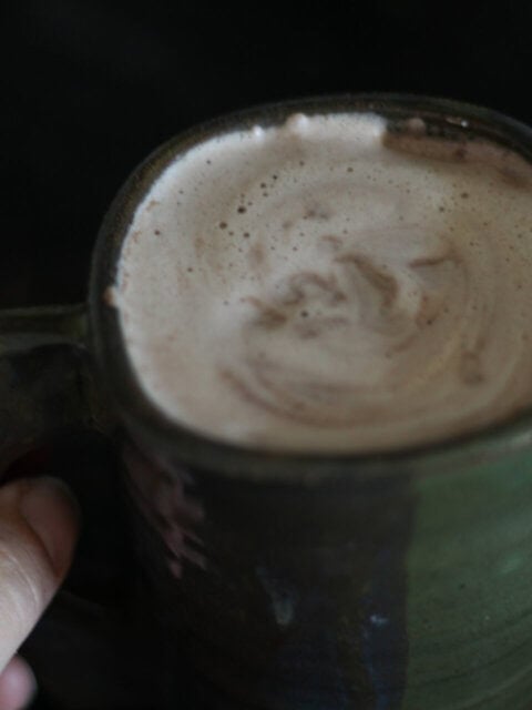 mug of creamy bone broth hot chocolate.
