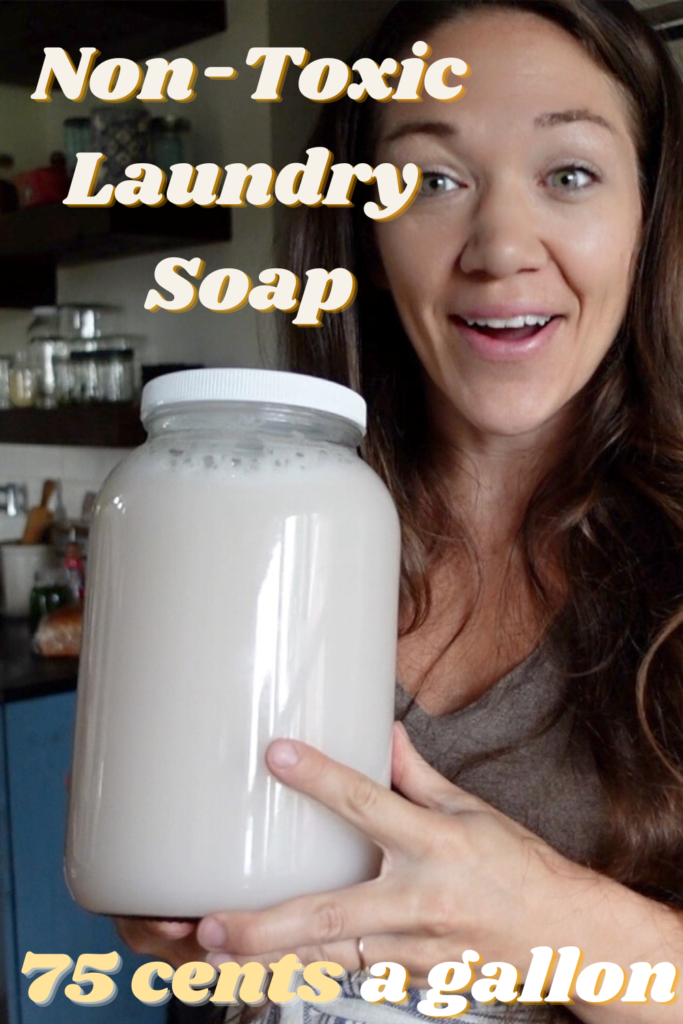 a dark haired woman holding a gallon jar of homemade cheap laundry soap