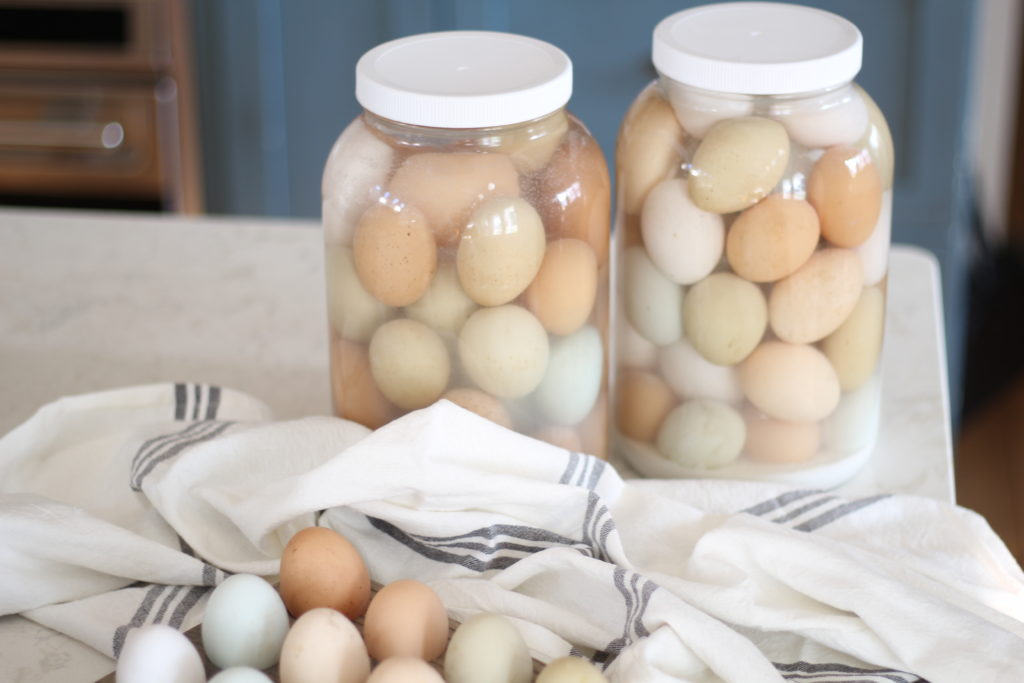 two one gallon jars sitting filled with brown green and white eggs and water sitting on a white marble countertop a white and blue striped kitchen towel and a carton of colored eggs on the counter