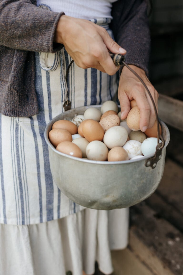 Homesteading woman with basket full of eggs