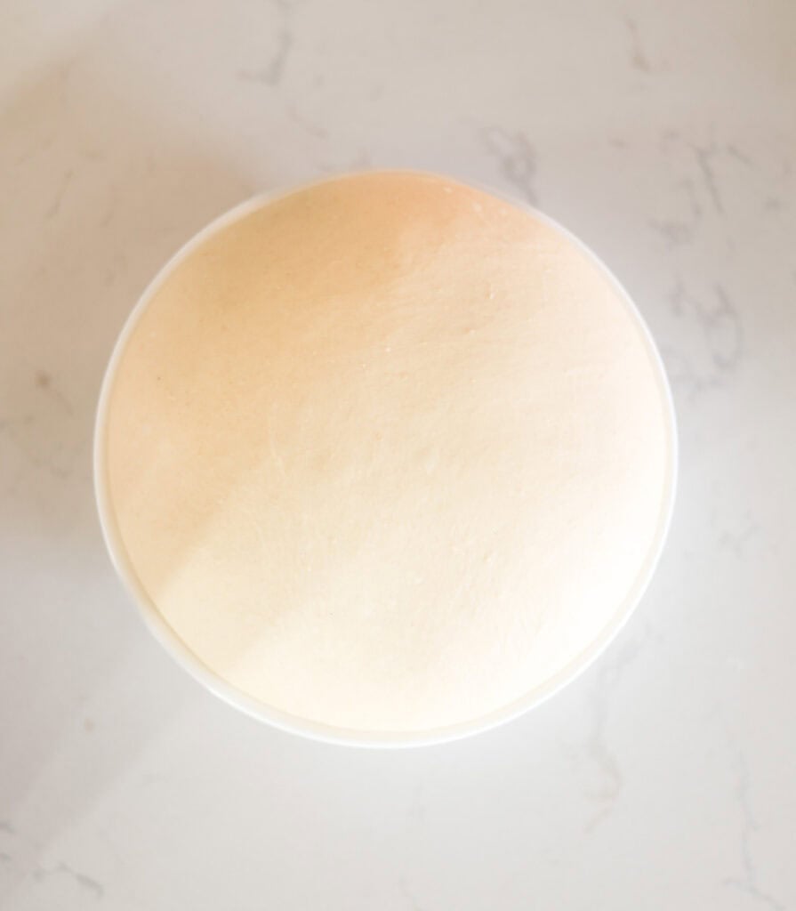 sourdough sandwich bread dough doubled in size after bulk ferment.