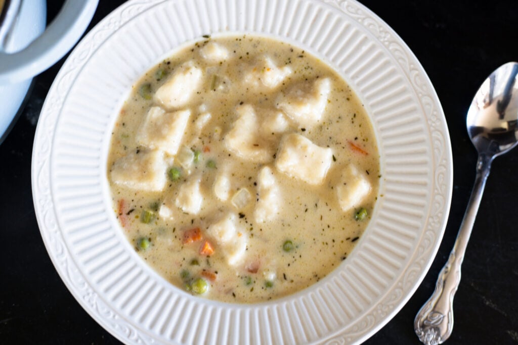 bowl of chicken and dumplings