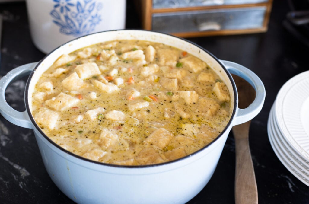 pot of homemade sourdough chicken and dumpling soup