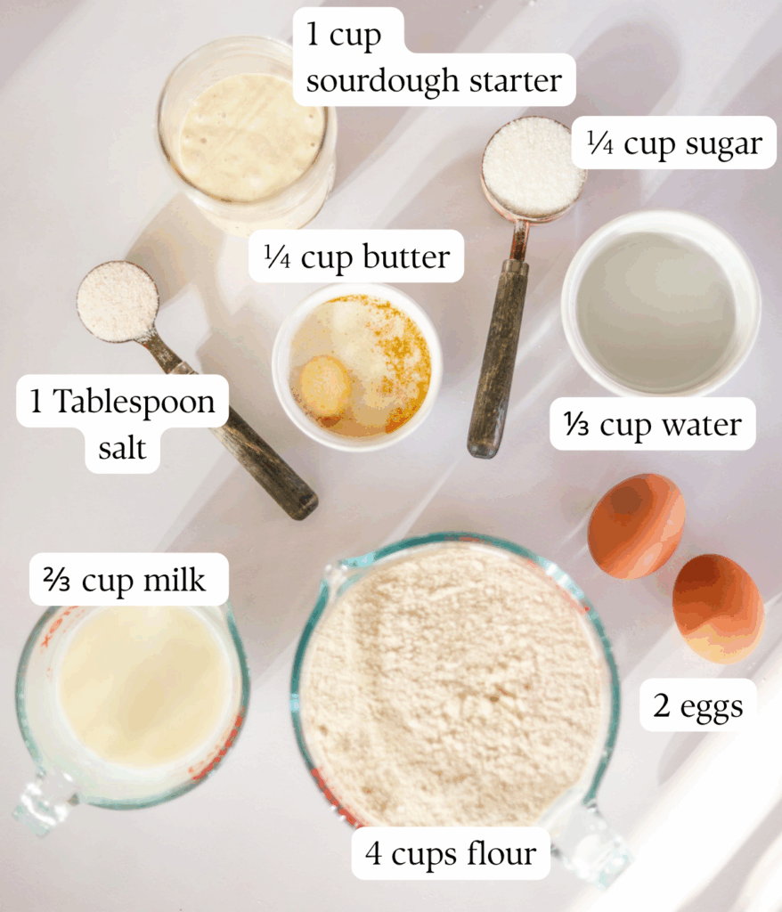 labeled ingredients for making sourdough pullman bread.