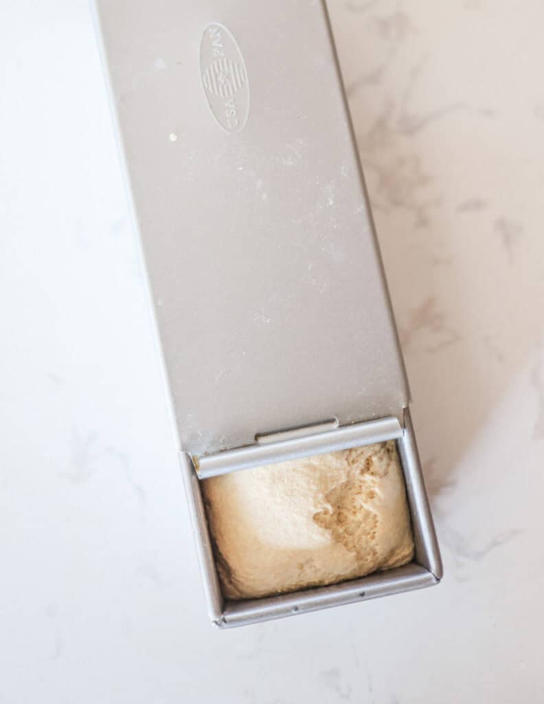 pullman loaf dough risen to top of pullman pan ready to bake.