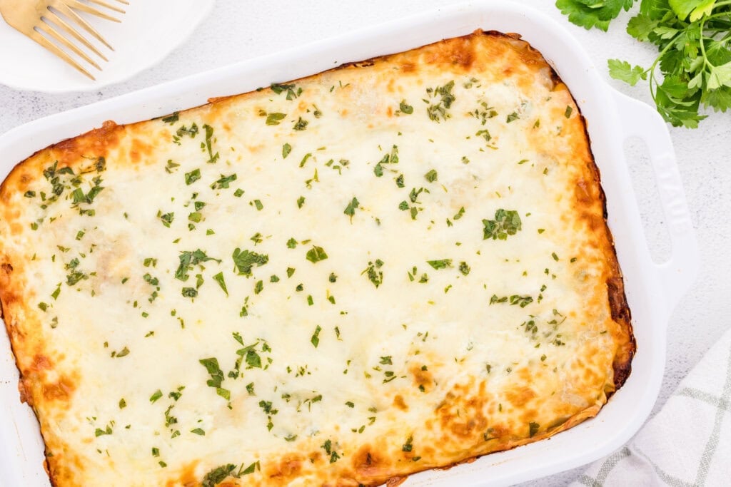 baked sourdough lasagna in a pan