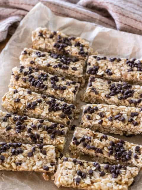 chocolate chip sourdough granola bars on a tray.