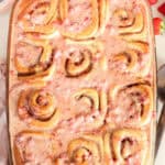 long fermented sourdough cinnamon rolls with strawberry glaze.