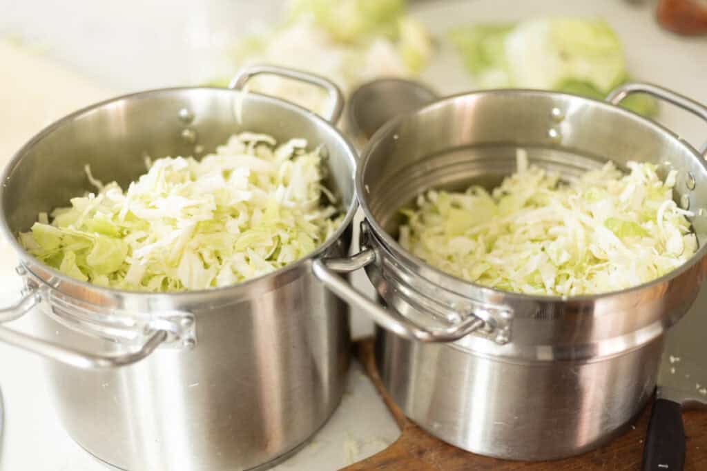 cute slices of cabbages in a two large pots