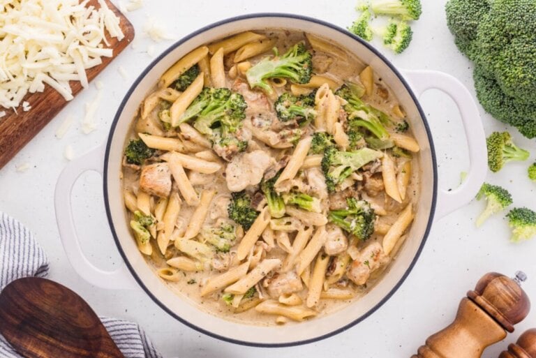 creamy chicken pasta in skillet