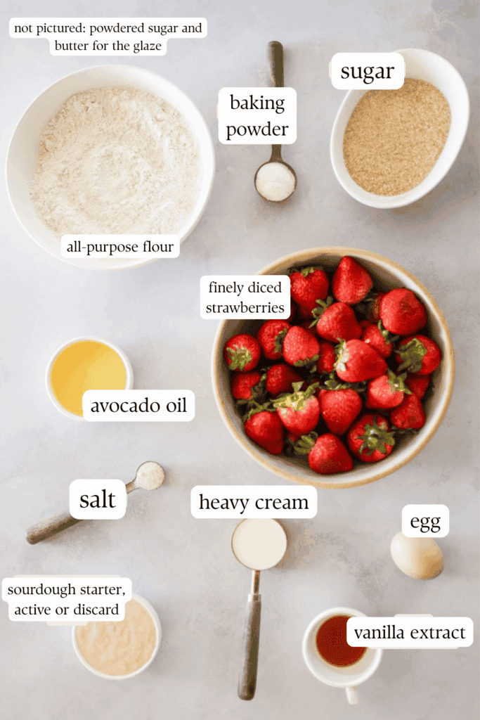 labeled ingredients for making sourdough strawberry bread.