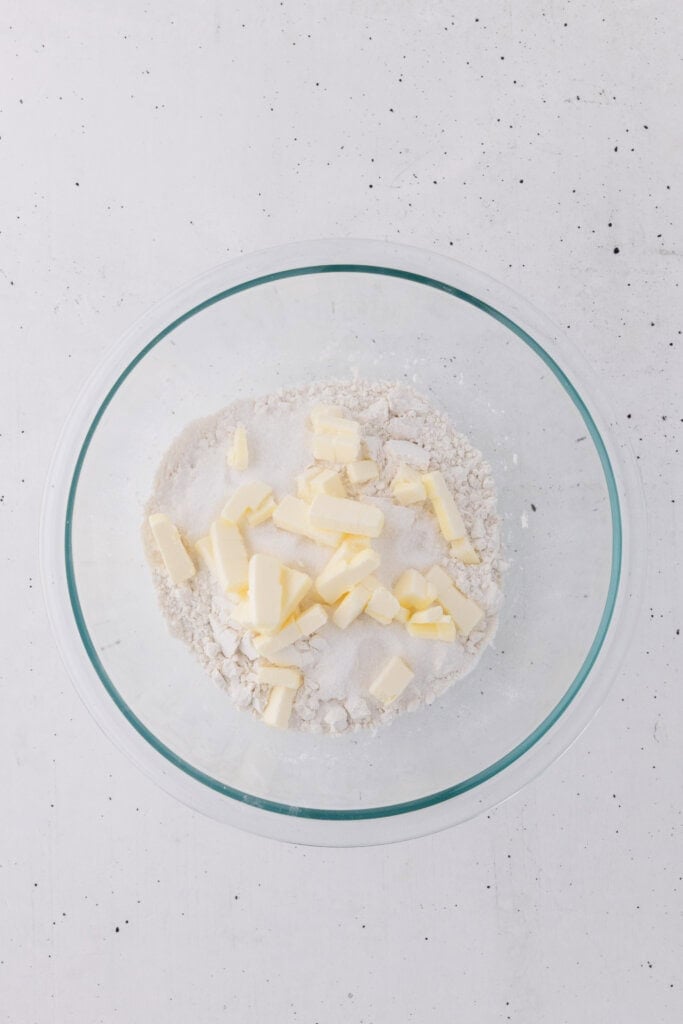 mixed dry ingredients with cubes of butter.