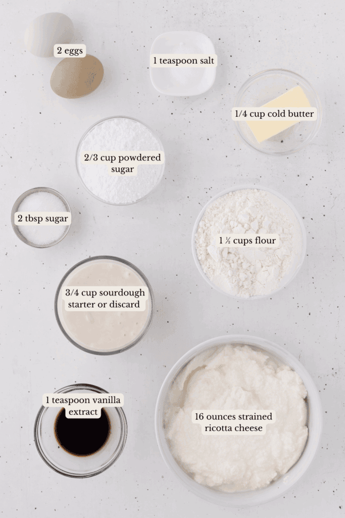 labeled ingredients for making sourdough cannoli.
