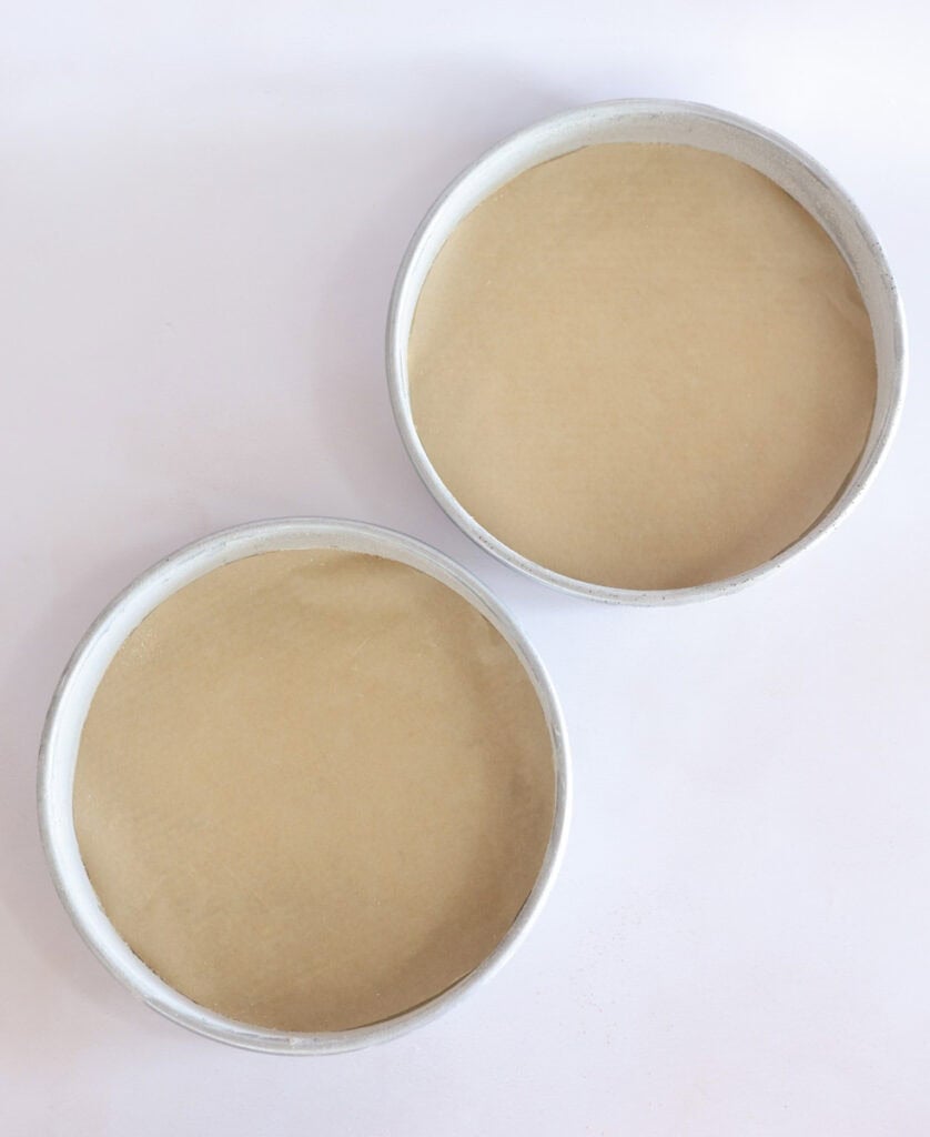 9 inch cake pans lined with parchment paper.