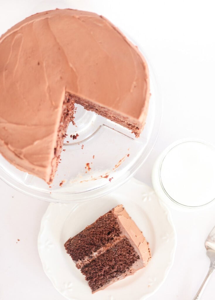 overhead view of sourdough chocolate cake with slice cut out.