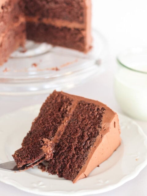 slice of sourdough chocolate cake with chocolate icing on plate with cake behind.