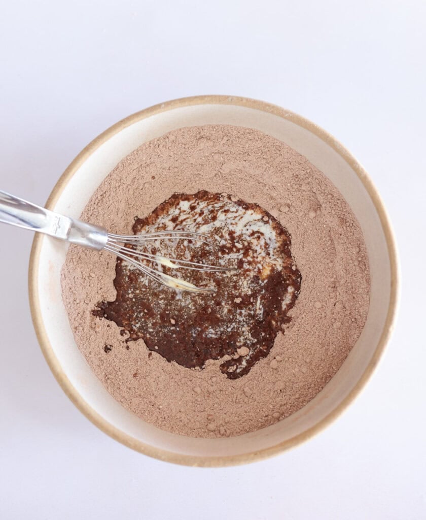 fats added to dry ingredients for sourdough chocolate cake batter.