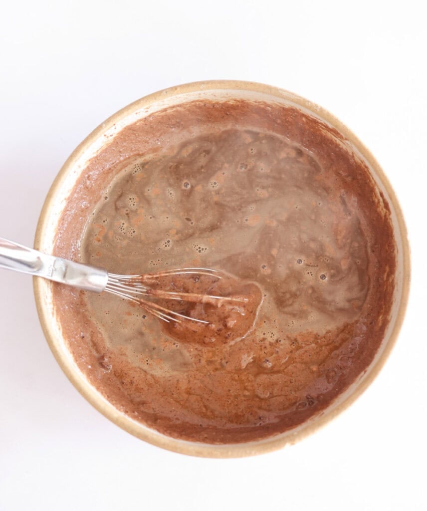 hot coffee added to chocolate cake batter.