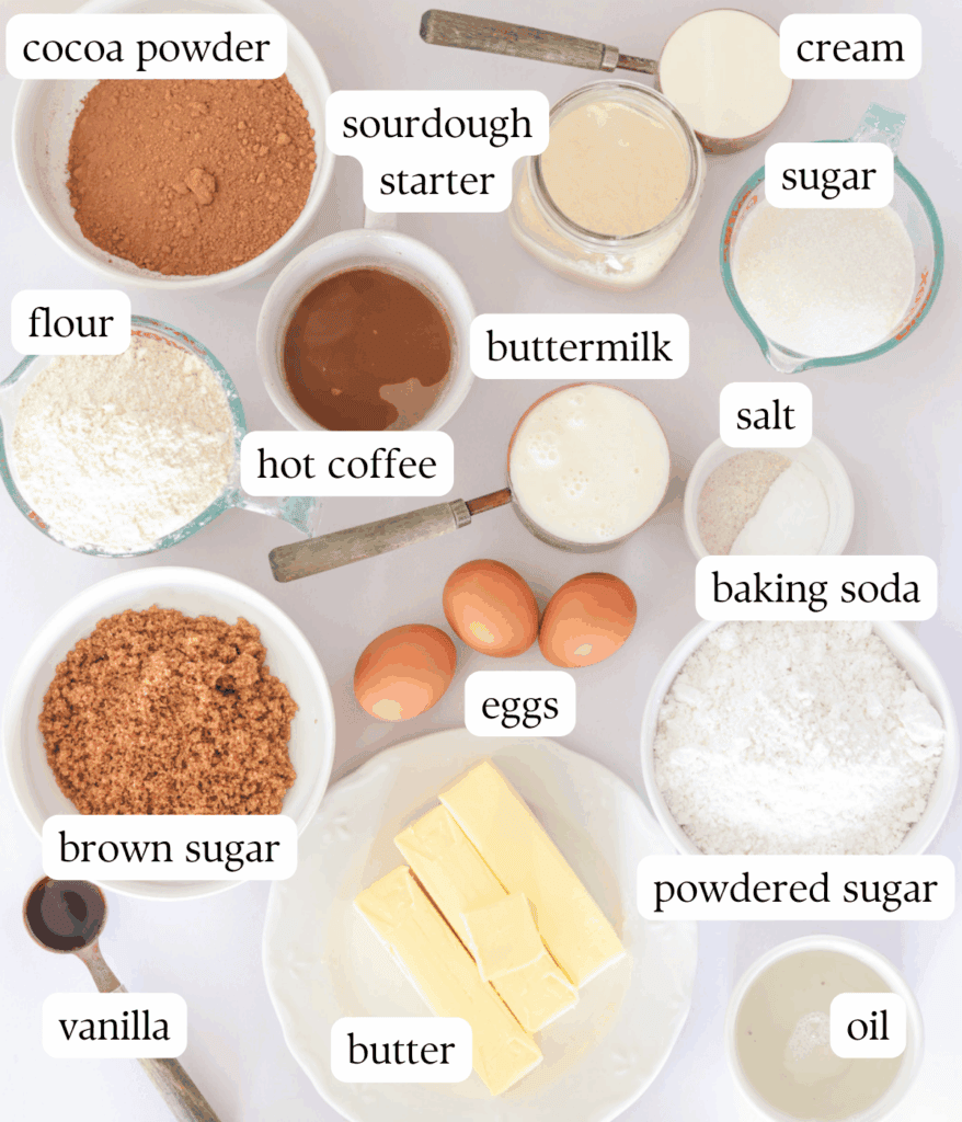 labeled ingredients for making sourdough chocolate cake.