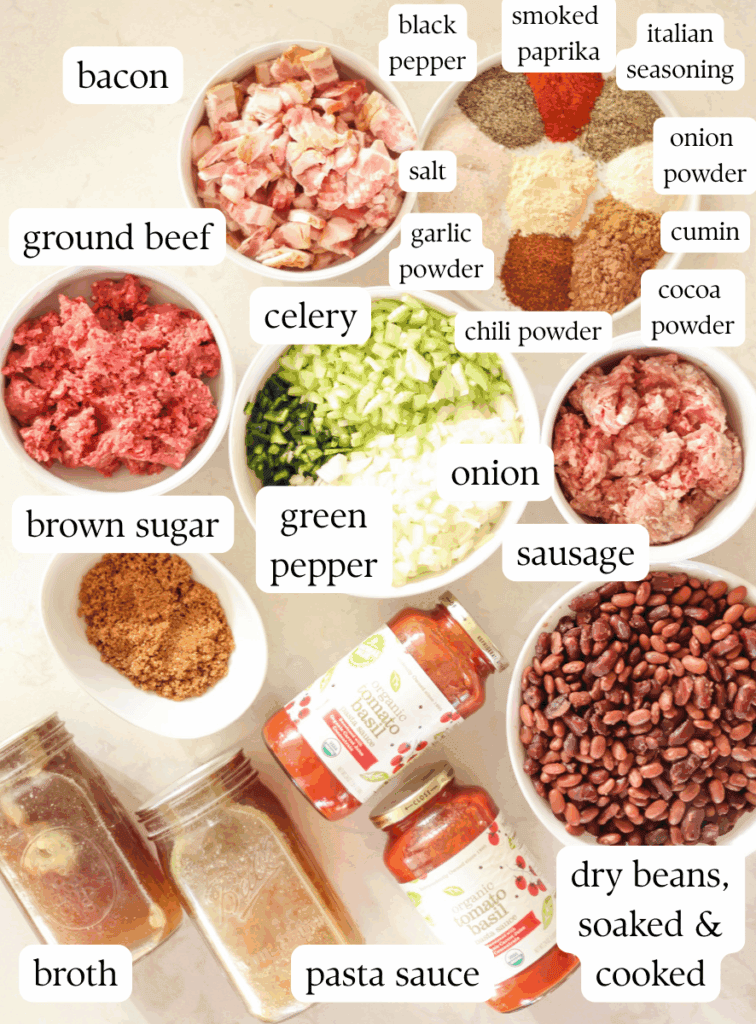 labeled ingredients for making chili with dried beans.