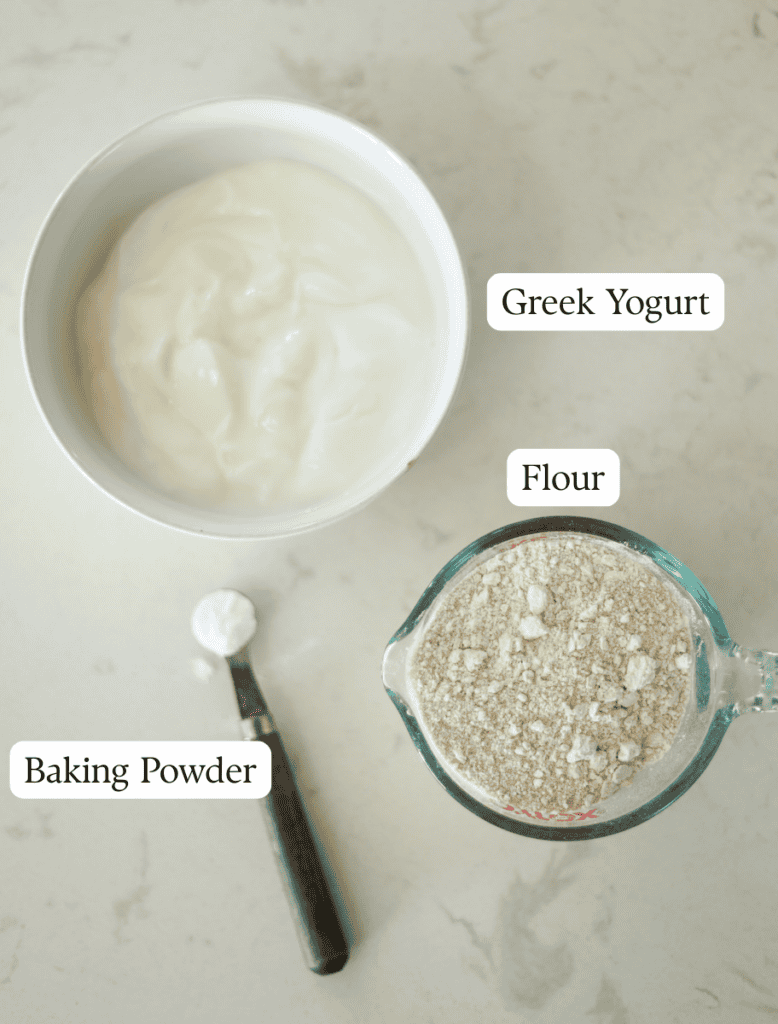 labeled ingredients for 3 ingredient high protein pizza crust.