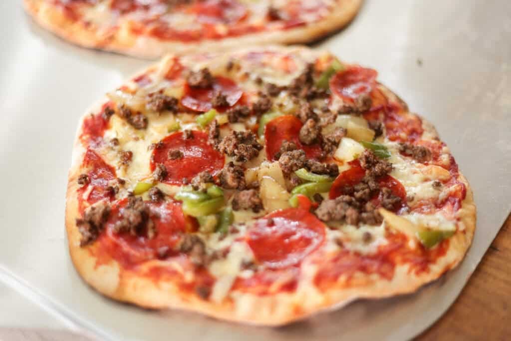 high protein pizza using 3 ingredient crust and meat toppings.