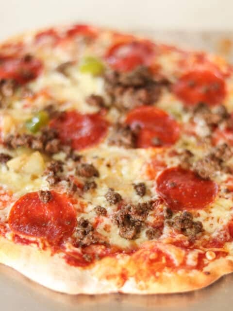 meat lovers pizza made with high protein pizza crust.